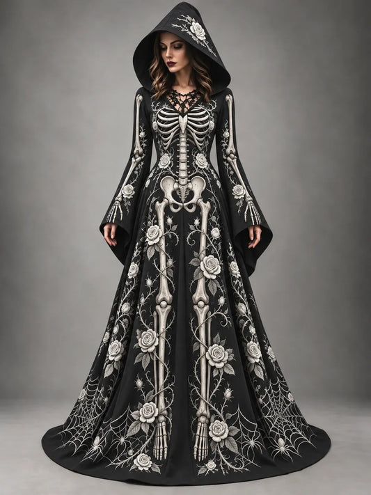 Women's Halloween Gothic Skeleton & Rose Floral Long-sleeve Hooded Long Dress