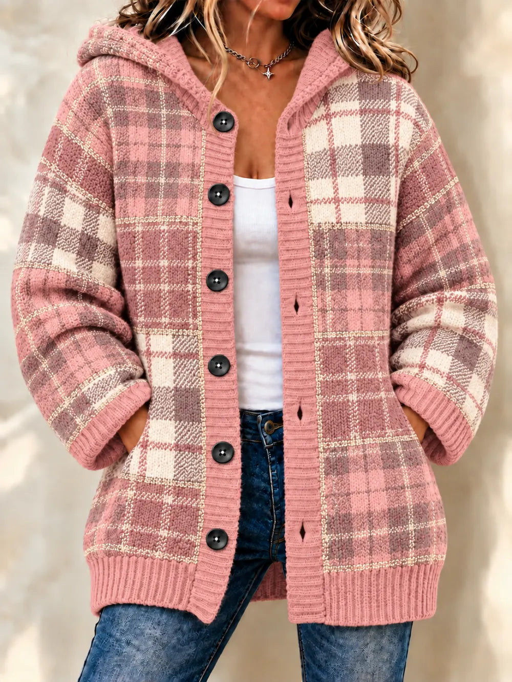 Women'S Grid Casual Hooded Long Cardigan