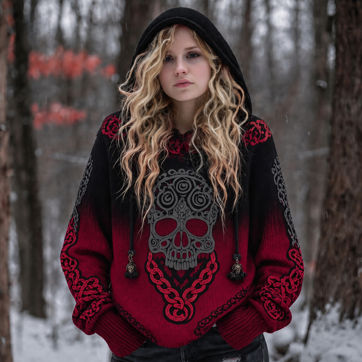 Women's Vintage Viking Tribal Celtic Skull Gradient Art Chunky Knit Hooded Sweater
