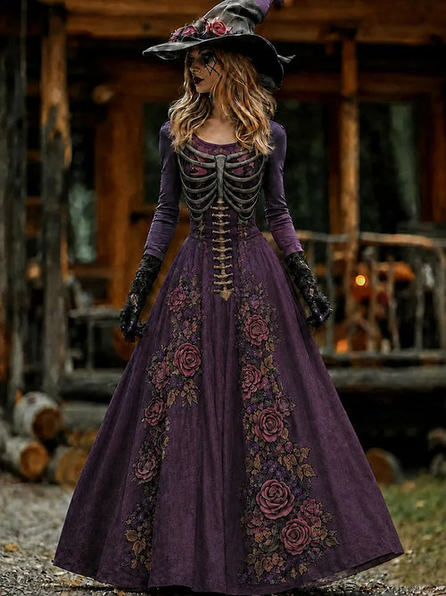 Vintage  Skull Rib Cage Rose Pattern Maxi Dress