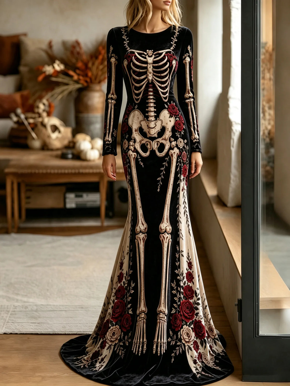 Women's Halloween Gothic Style Gothic Skeleton & Floral Color Blocking Pattern Velvet Long Dress
