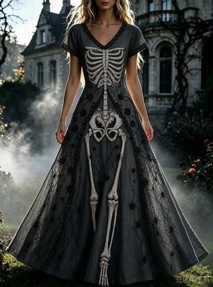 Women's  Retro Gothic Skull Floral Pattern Short Sleeves Maxi Halloween Dress