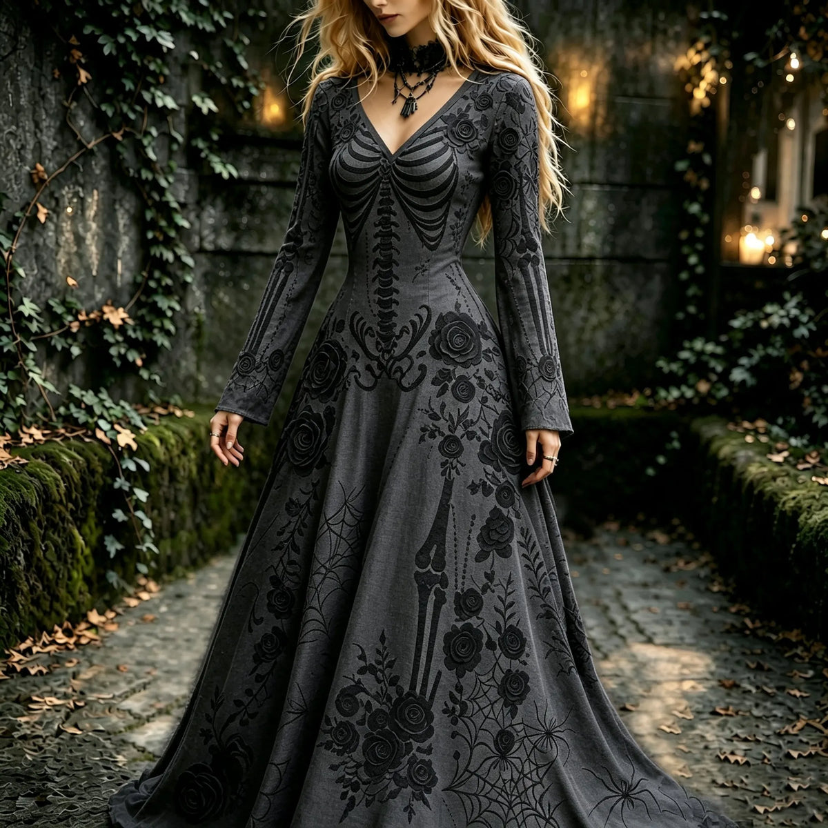 Women's Retro Gothic Flowers With Skull Pattern Mixi Halloween Dress