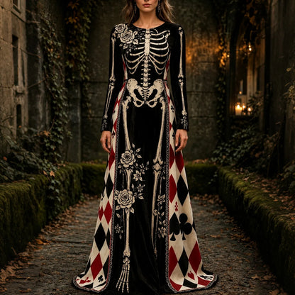 Women's Halloween Gothic Style Skeleton Playing Card Pattern Velvet Long Dress
