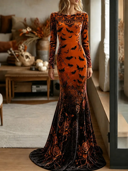 Women's Halloween Gothic Style Bat Flowers Pattern Velvet Long Dress