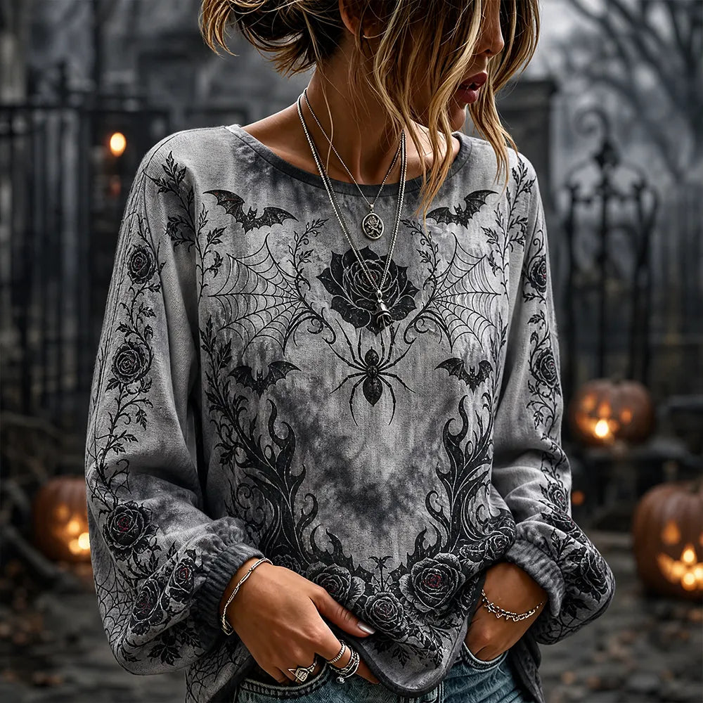 Women's Long Sleeve T-shirt With Gothic Rose Spiderweb And Bat Graphic Print