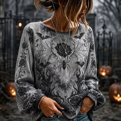 Women's Long Sleeve T-shirt With Gothic Rose Spiderweb And Bat Graphic Print