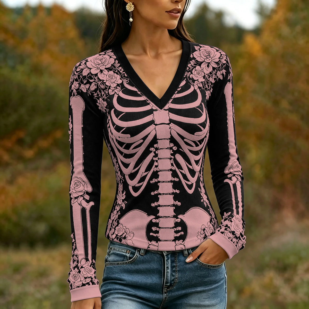 Women's Halloween Skeleton Bones With Roses Art Casual Long Sleeve V Neck T-shirt