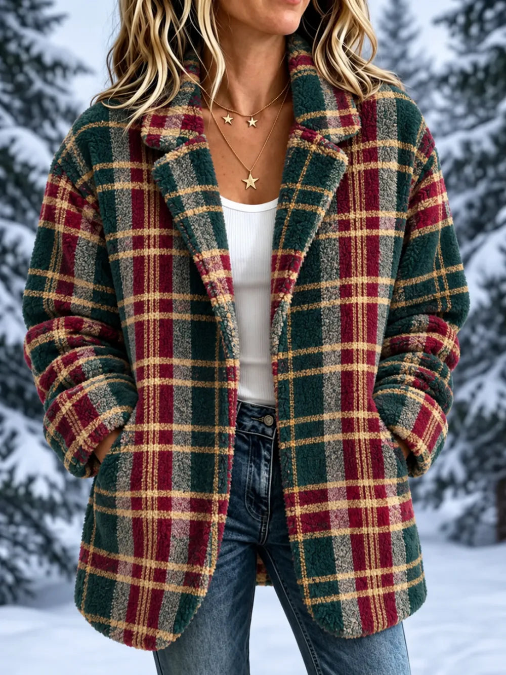 Women'S Christmas Plaid Art Flannel Lapel Jacket