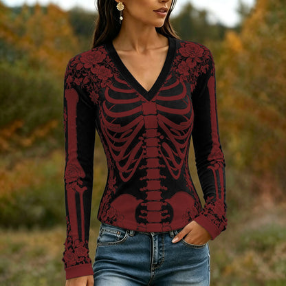 Women's Halloween Skeleton Bones With Roses Art Casual Long Sleeve V Neck T-shirt