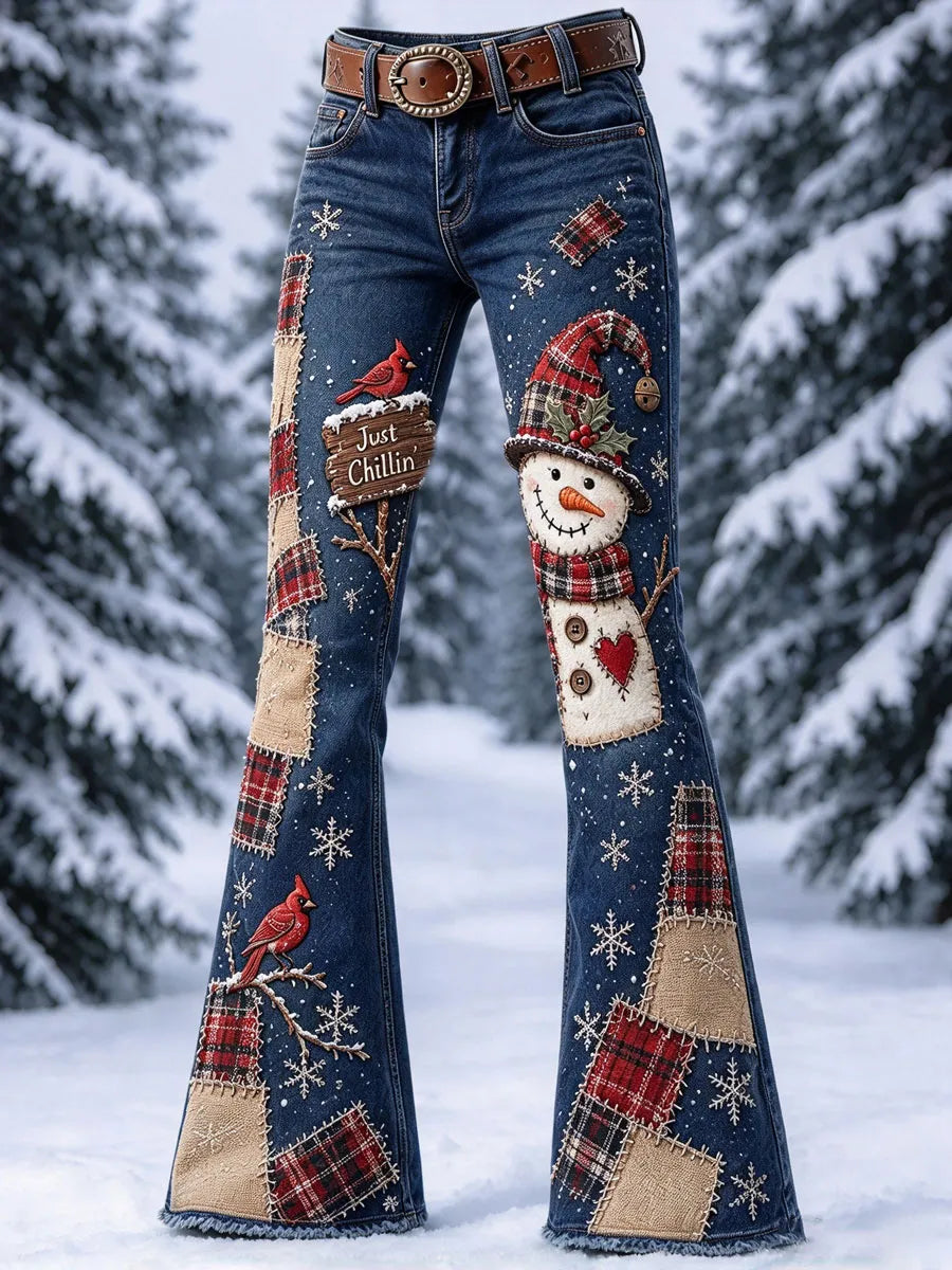 Women'S Christmas Snowman Pattern Casual Jeans