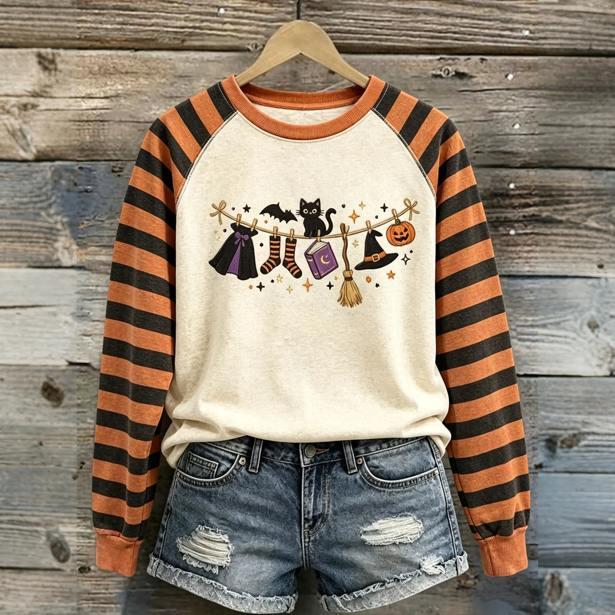 Halloween Retro Witch Striped Color Block Cat Print Crew Neck Sweatshirt