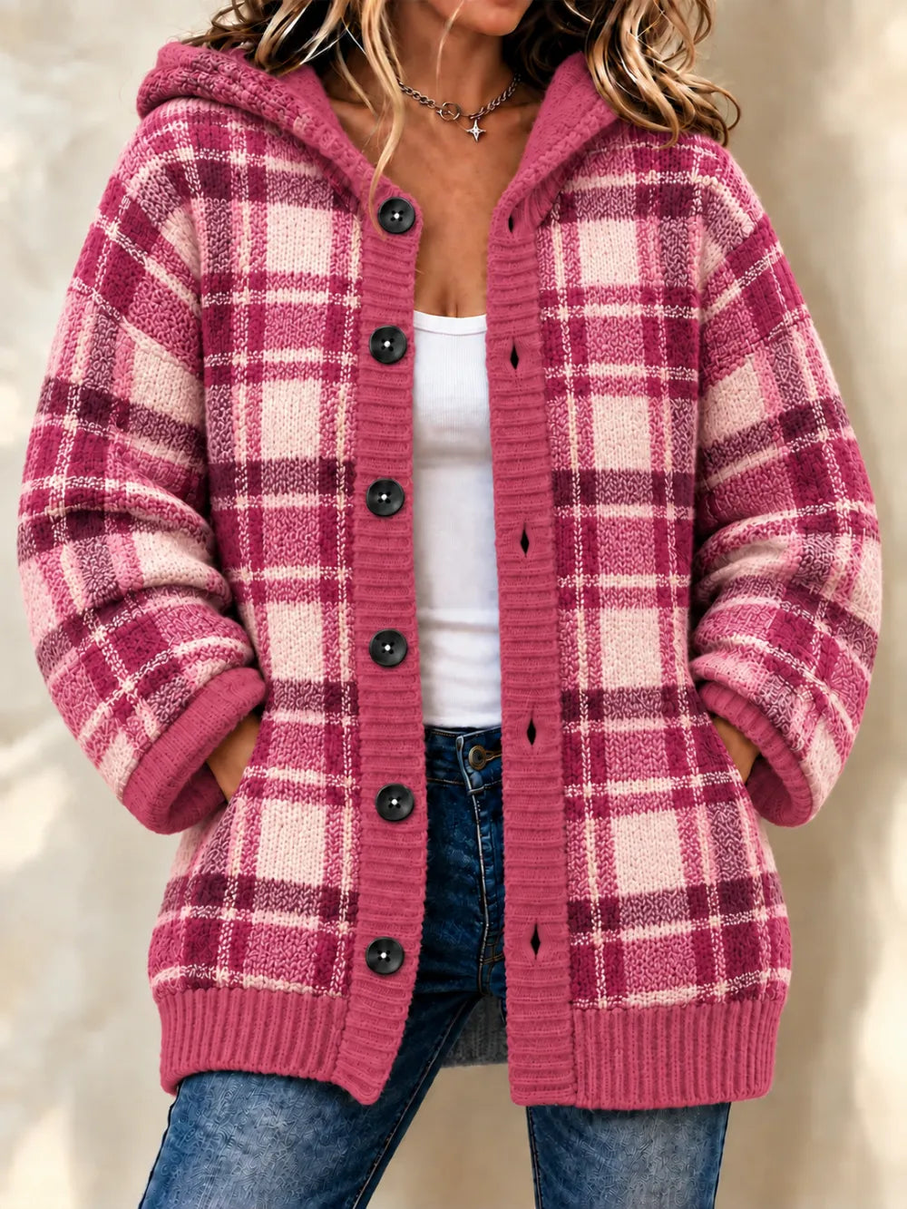 Women'S Grid Casual Hooded Long Cardigan