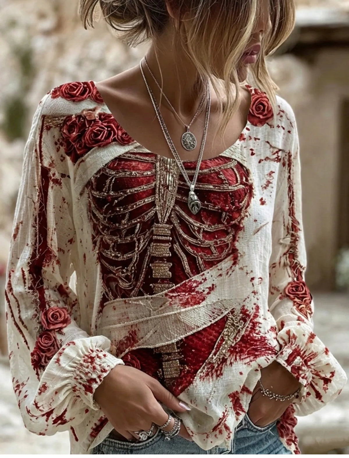 Women's Halloween Bloody Human Skeleton With Floral Art Casual Long Sleeve Tops