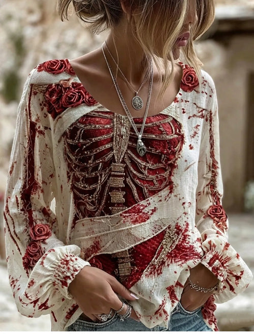 Women's Halloween Bloody Human Skeleton With Floral Art Casual Long Sleeve Tops