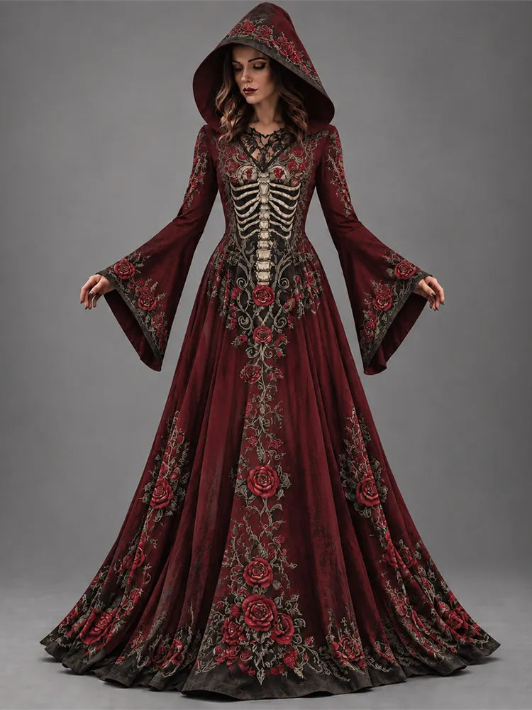 Women's Halloween Gothic Skeleton Floral Design Long-sleeve Hooded Long Dress