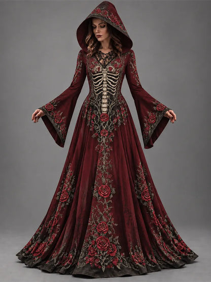 Women's Halloween Gothic Skeleton Floral Design Long-sleeve Hooded Long Dress