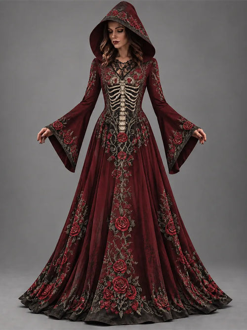 Women's Halloween Gothic Skeleton Floral Design Long-sleeve Hooded Long Dress