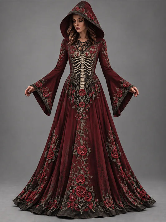 Women's Halloween Gothic Skeleton Floral Design Long-sleeve Hooded Long Dress