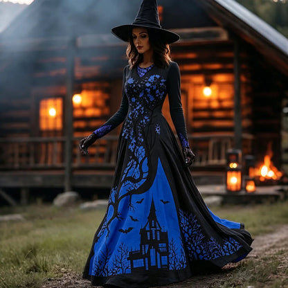 Women's Halloween Gradient Treehouse Design Witch V-neck Maxi Dress
