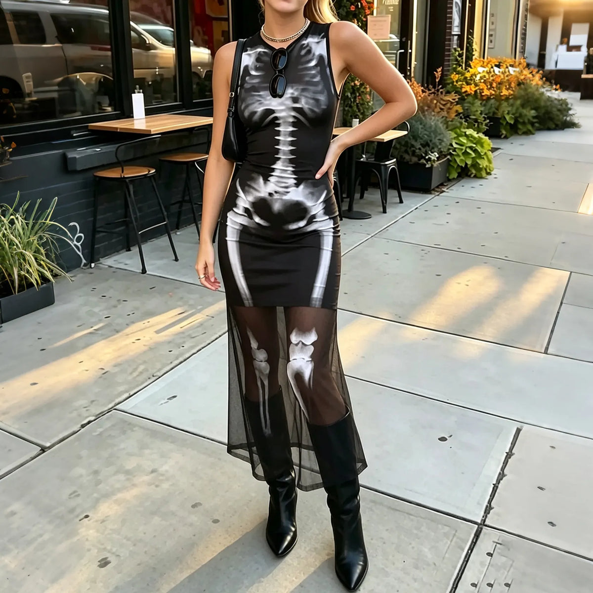 Women's Gothic Skeleton Print Sheer Mesh Bodycon Maxi Dress