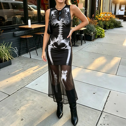 Women's Gothic Skeleton Print Sheer Mesh Bodycon Maxi Dress