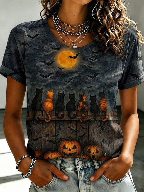 Women's Retro Halloween Pumpkin, Bat, And Cat Elements Cotton Linen T-shirt