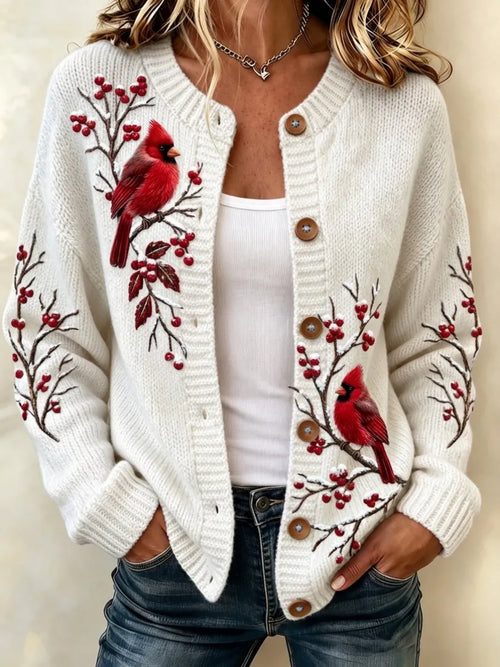 Women'S Christmas Cardinal-Themed Knit Cardigan