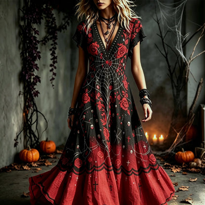 Women's Vintage Halloween Rose And Spiderweb Art V-neck Short Sleeve Maxi Dress