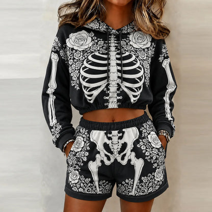 Women's Halloween Funny Skeleton With Roses Cropped Hoodie Shorts 2‑piece Set Party Outfit