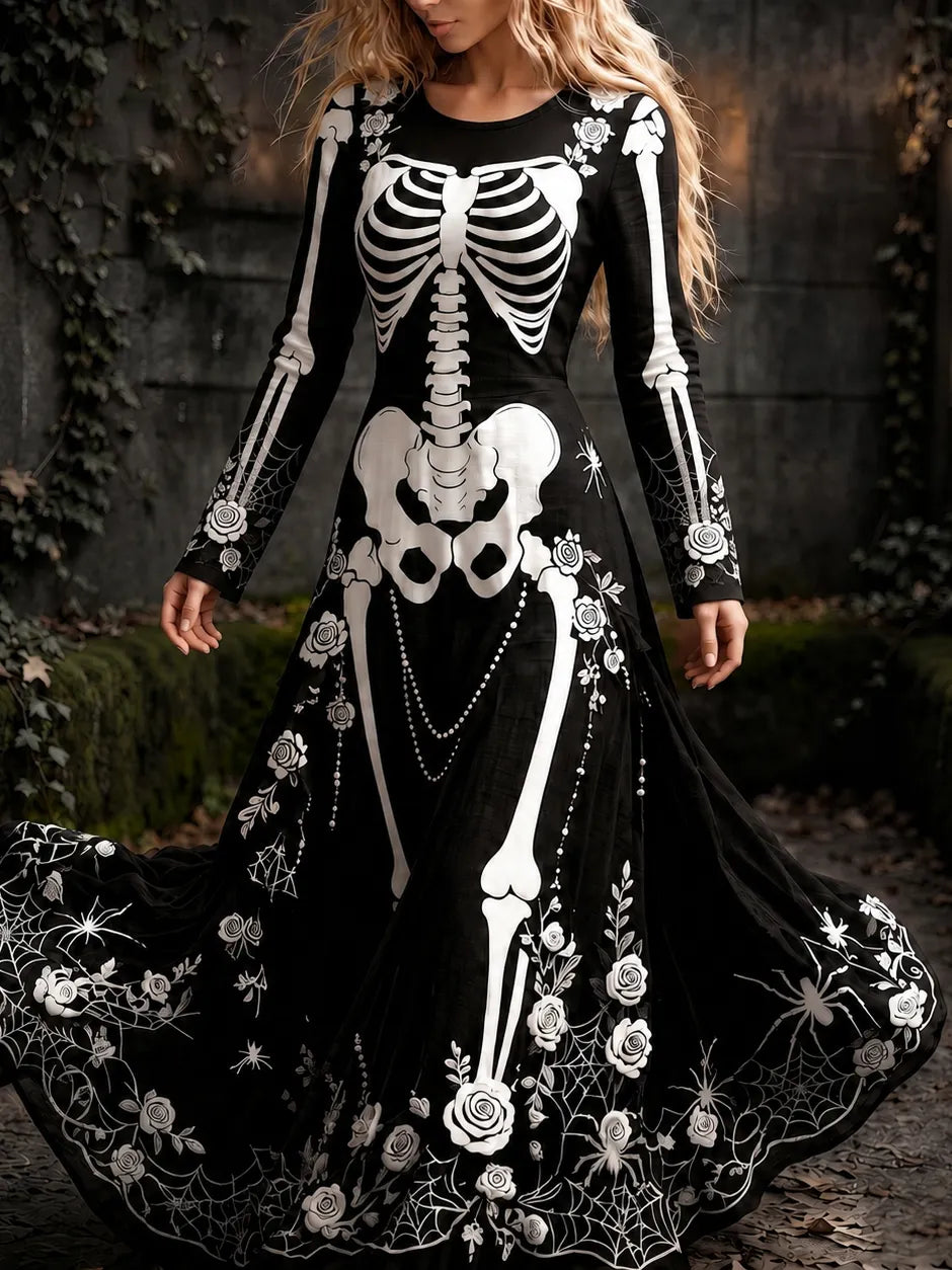 Women's Retro Gothic Spider Skull Floral Pattern Mixi Halloween Dress