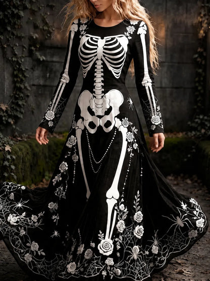 Women's Retro Gothic Spider Skull Floral Pattern Mixi Halloween Dress