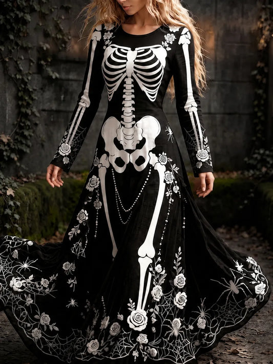 Women's Retro Gothic Spider Skull Floral Pattern Mixi Halloween Dress