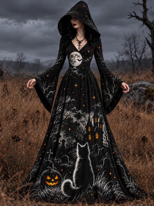 Women's Halloween Pumpkin Cat Art Long-sleeve Hooded Long Dress
