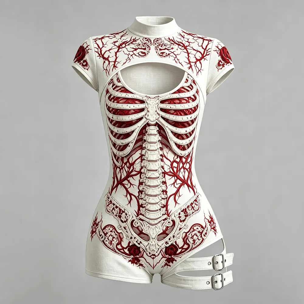 Women's Retro Bloodstained Bone Rose Print Short-sleeve High-neck Jumpsuit