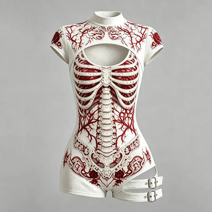 Women's Retro Bloodstained Bone Rose Print Short-sleeve High-neck Jumpsuit