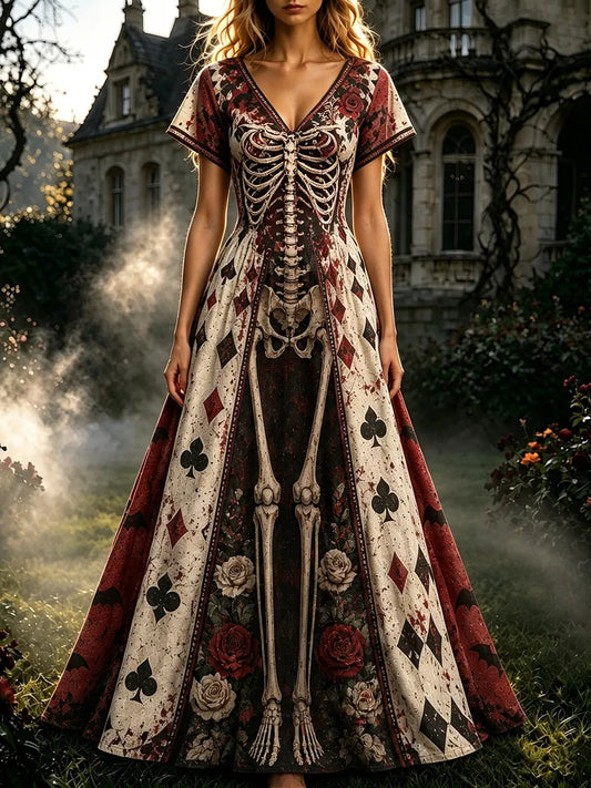 Women's Halloween Halloween Gothic Skeleton & Floral Poker Print Short-sleeve Dress