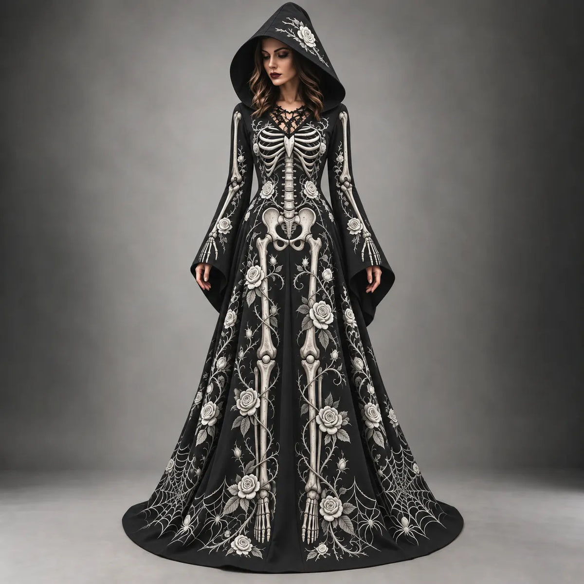 Women's Halloween Gothic Skeleton & Rose Floral Long-sleeve Hooded Long Dress