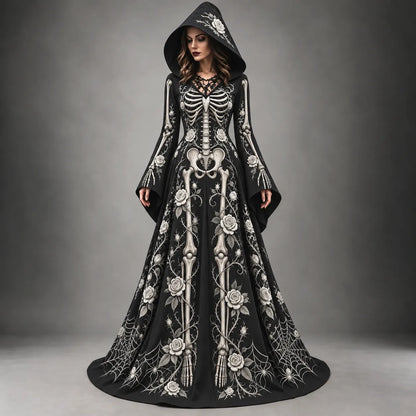Women's Halloween Gothic Skeleton & Rose Floral Long-sleeve Hooded Long Dress