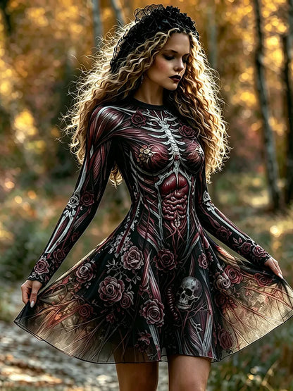 Women's Anatomical Muscle Skeleton Rose Gothic Horror Art  Round Neck Mini Dress