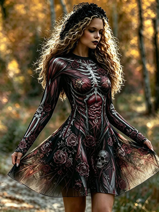 Women's Anatomical Muscle Skeleton Rose Gothic Horror Art  Round Neck Mini Dress