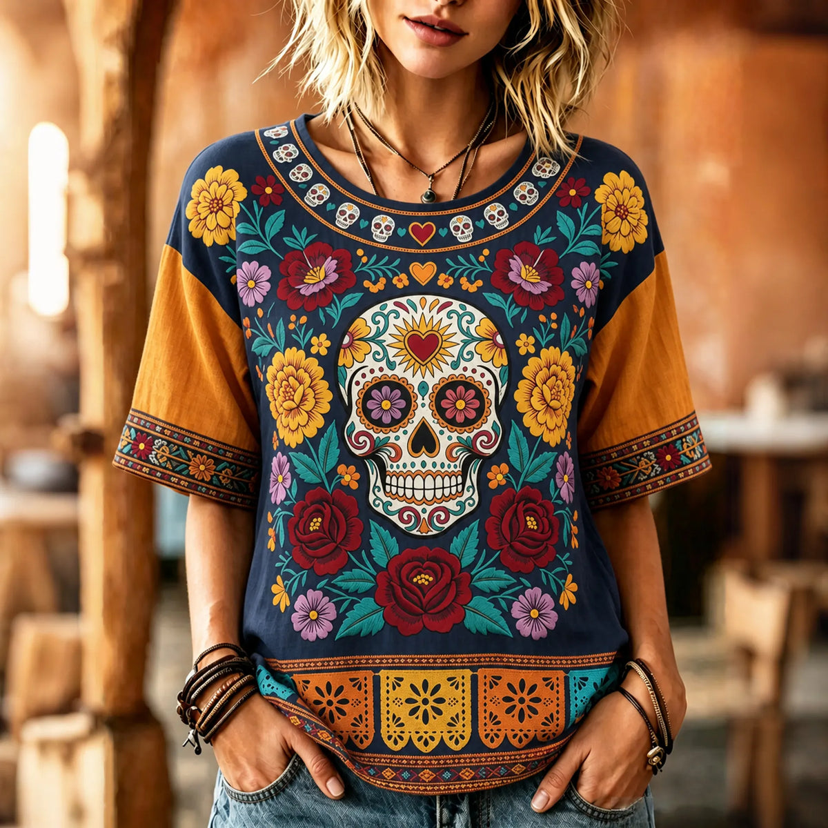 Women's Retro Vacation Floral Skull Design Cotton Linen Crew Neck Top