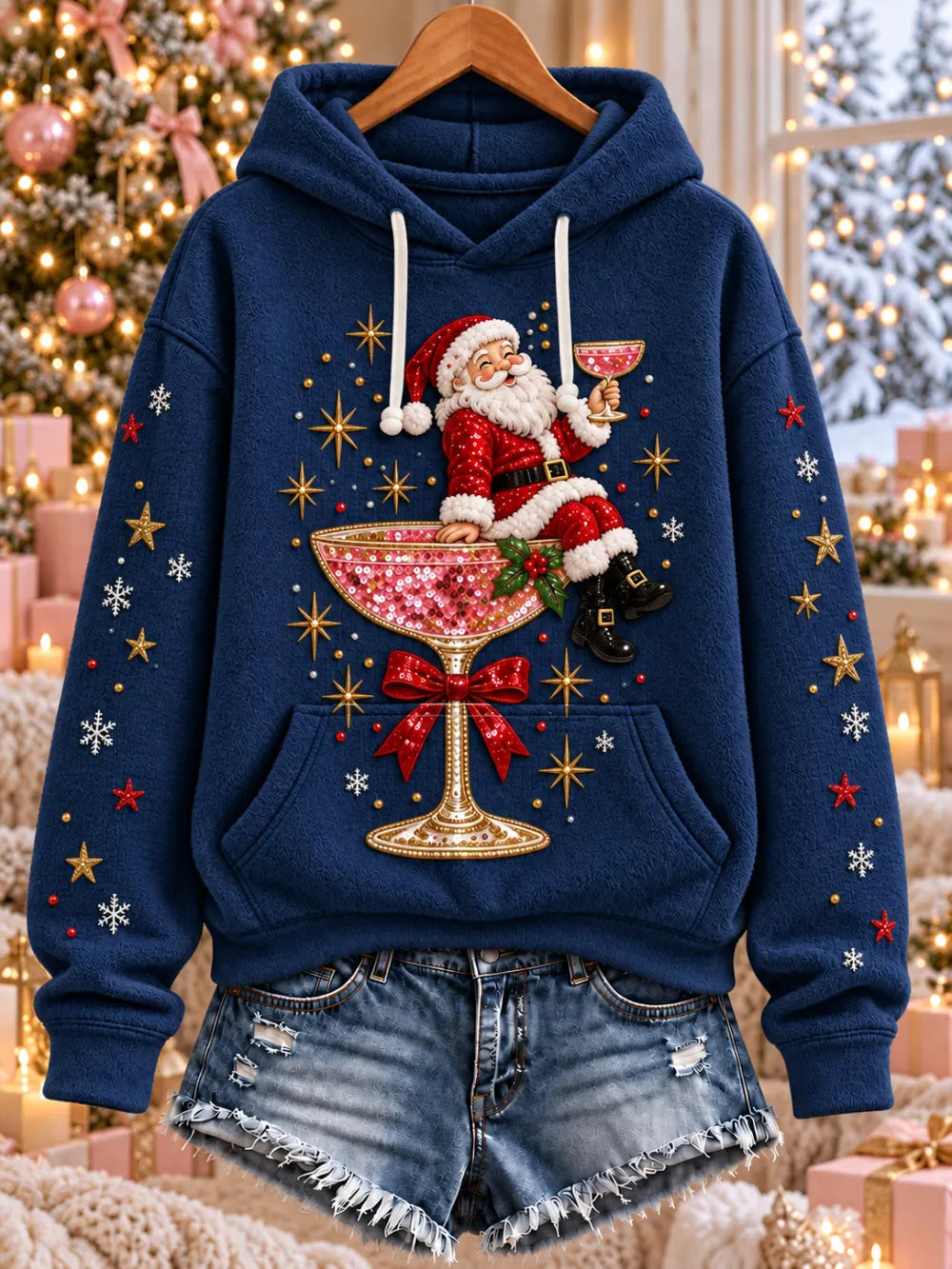 Women'S Christmas Themed Printed Flannel Hoodie