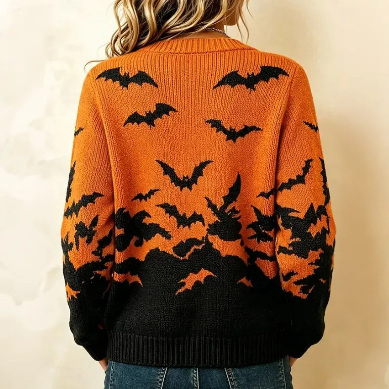 Women's Halloween Gothic Style Bat Gradient Art Print Knit Button Cardigan
