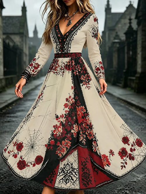 Women's Retro Halloween Floral Spiderweb Color Block Art Print V-neck Long Sleeve Dress