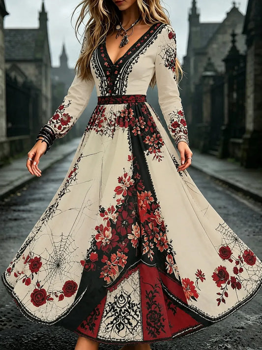 Women's Retro Halloween Floral Spiderweb Color Block Art Print V-neck Long Sleeve Dress