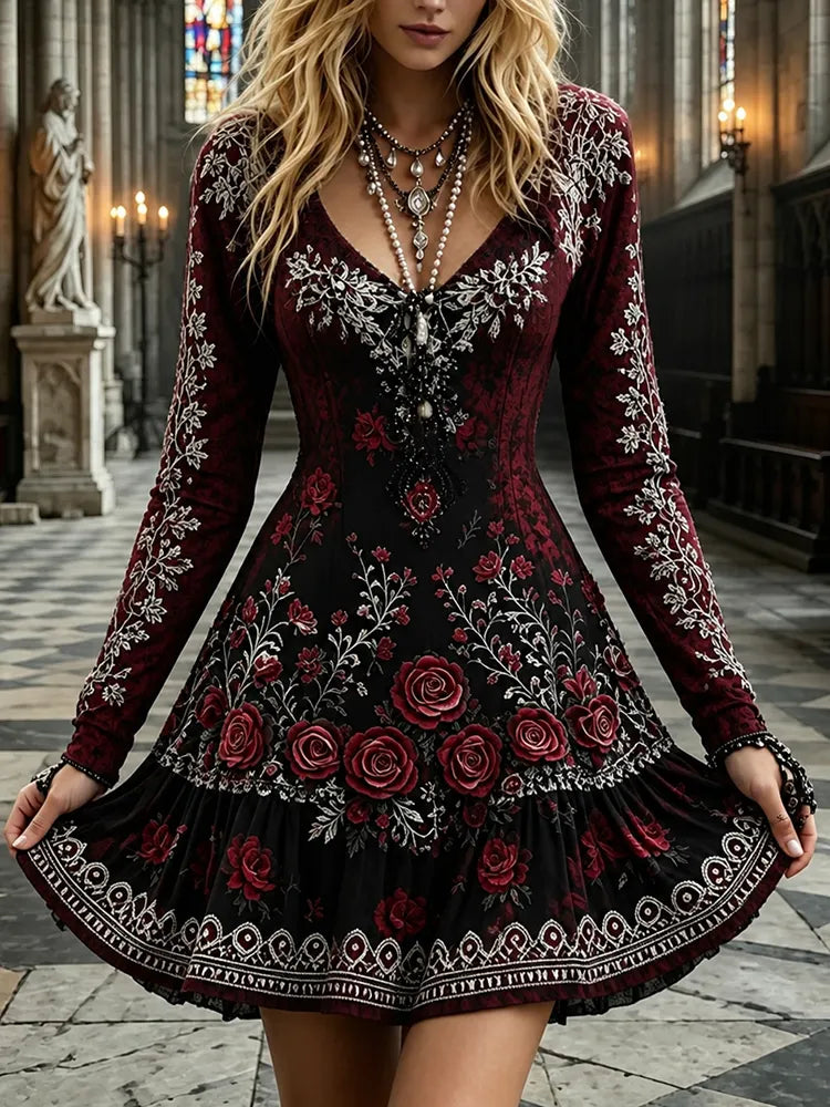 Women's Gothic Rose Design V-neck Cotton Linen Long-sleeved Dress