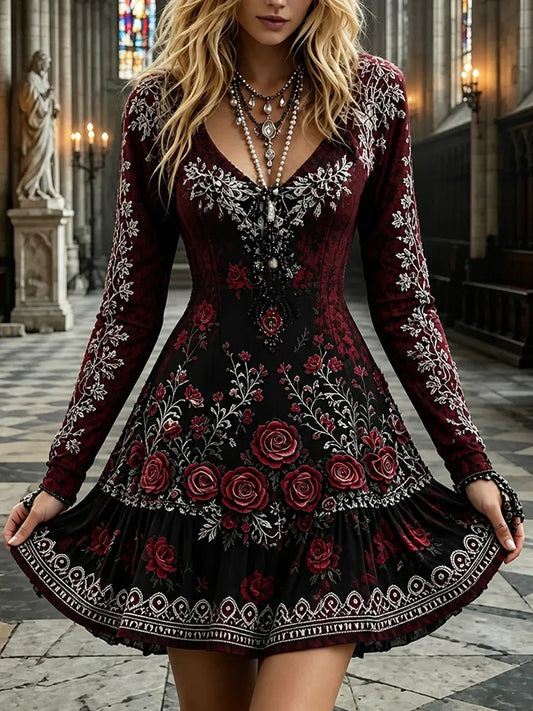 Women's Gothic Rose Design V-neck Cotton Linen Long-sleeved Dress