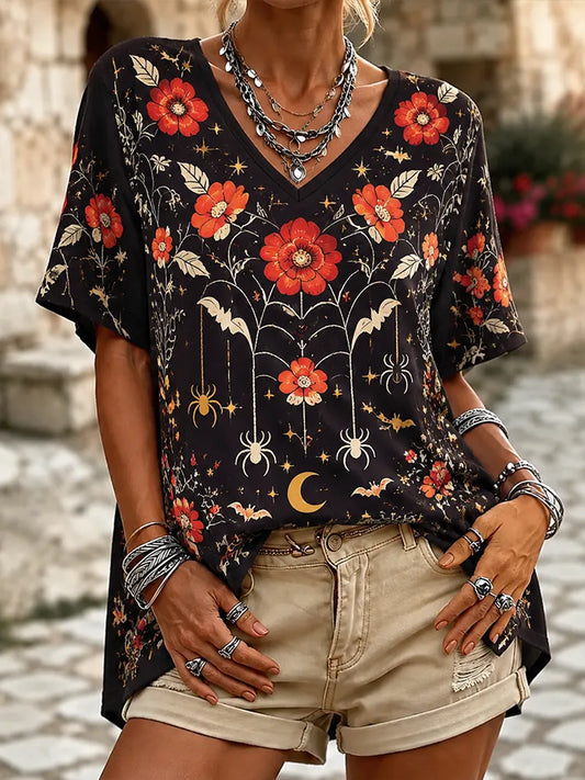 Women's Casual Short Sleeve V-neck T-shirt With Gothic Red Floral, Spiderweb, And Bat Print