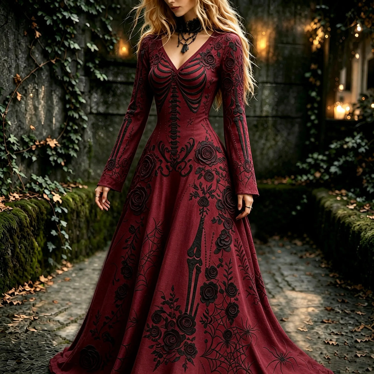 Women's Retro Gothic Flowers With Skull Pattern Mixi Halloween Dress